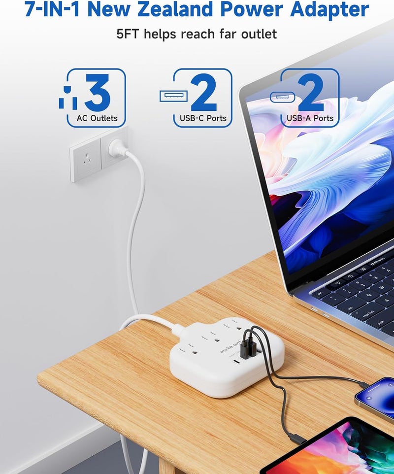 meta-ant Australia New Zealand Power Adapter USB C, Australia Travel Adaptor with 3 American Outlets 4 USB Charger(2 USB-C), 5FT Extension Cord, Type I Plug Adapter for US to AU China Argentina Fiji - Image 3